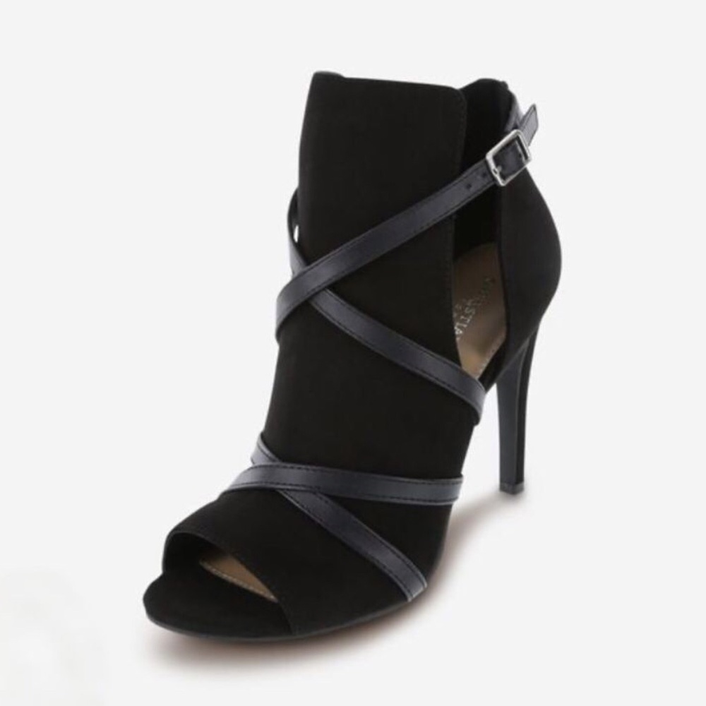 Pre Loved 4.25” Stiletto Peep Toe Booties w Side Cut-Outs by Christian Siriano